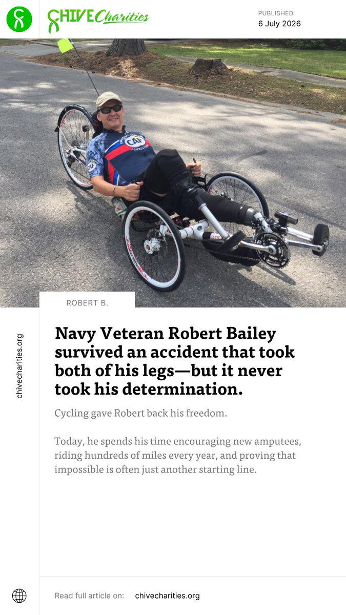 ChiveCharities's tweet photo. Twenty years ago, Robert Bailey lost both of his legs in a farming accident.
Most would call it the worst day of his life.
Robert calls it the beginning of the next chapter.
๐ https://t.co/6igPxlRgNM
#Veteran #KCCO #goodnews #ForTheOne #10percenthappier #team10percent https://t.co/1KGM7Z0Zzz