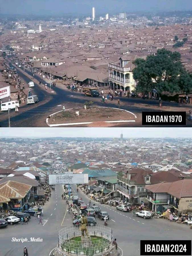 AfricaFirsts's tweet photo. Ibadan, Nigeria 🇳🇬 in 1970 vs 2024. https://t.co/6manYt1fLT