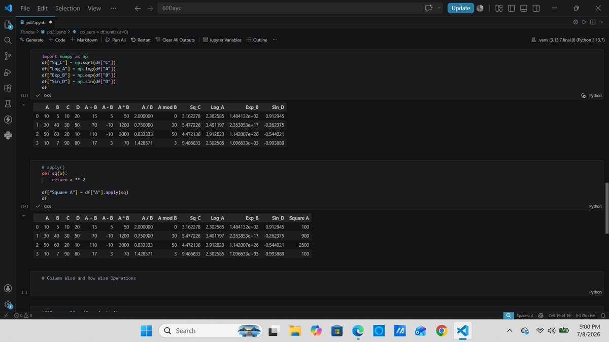 saileshgrg19's tweet photo. #LSPPDay38
learned to perform arithmetic and statistical operations on Pandas DataFrames, apply NumPy functions, use custom functions with apply(), and calculate row and column sums.
@lftechnology 
#LearningWithLeapfrog
#60DaysOfLearning2026
Github:https://t.co/2tqbXHNsrJ https://t.co/iCrVR5SXlh