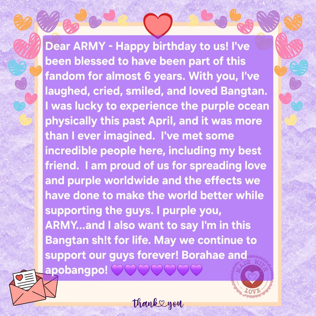 Raven_Goddess_1's tweet photo. My contribution to #ARMYMemoryBox 🥰🥰
Happy birthday, ARMY!!!!
I purple you!!!! 💜💜💜💜💜💜💜 https://t.co/hcWqOtp7bT