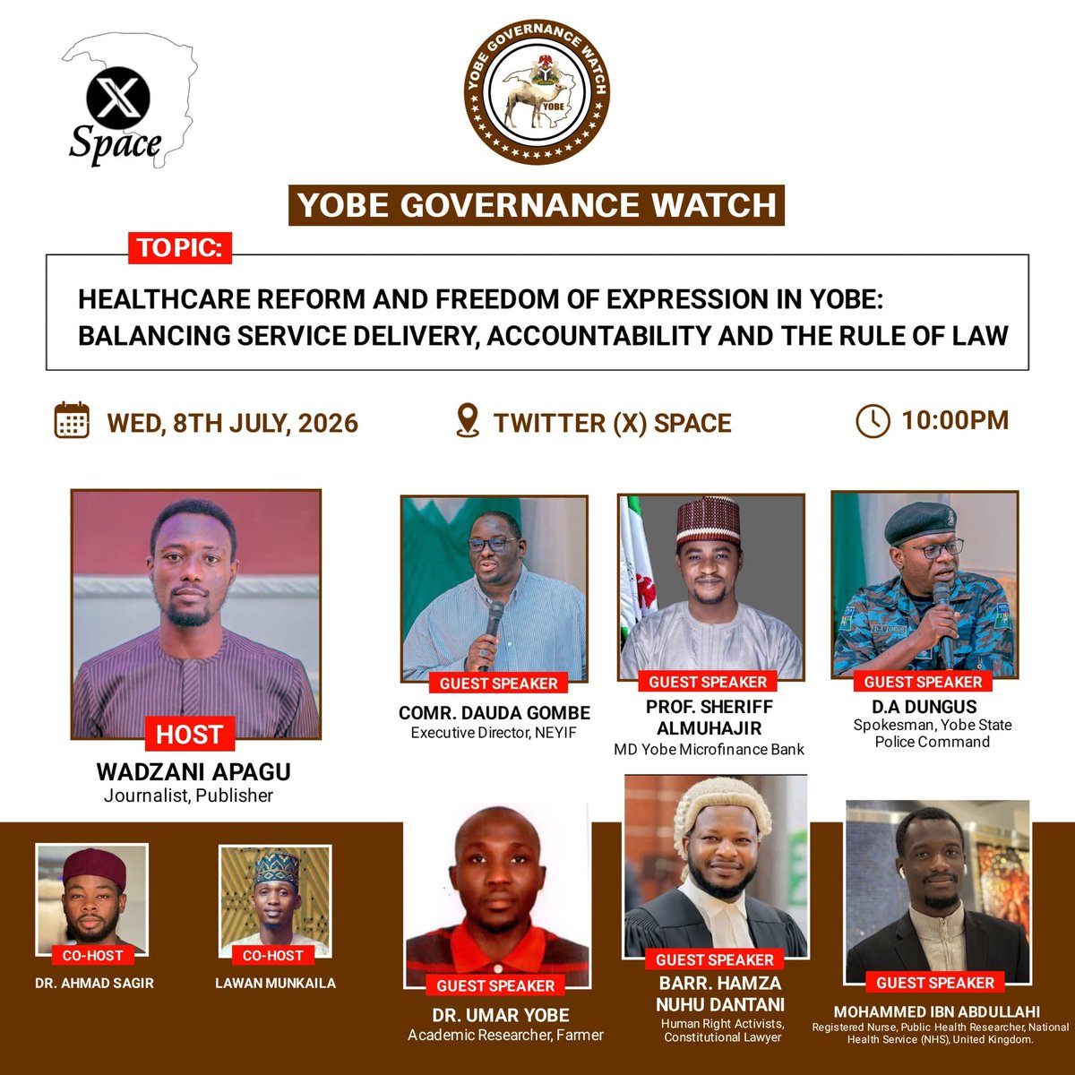 Lminkaeel's tweet photo. Join us tonight on Yobe Governance Watch 𝕏 Space.

Topic: Healthcare Reform and Freedom of Expression in Yobe: Balancing Service Delivery, Accountability and the Rule of Law.

10:00 PM (WAT)

Don't miss this important conversation.
#YobeState https://t.co/rtzqetYDOP