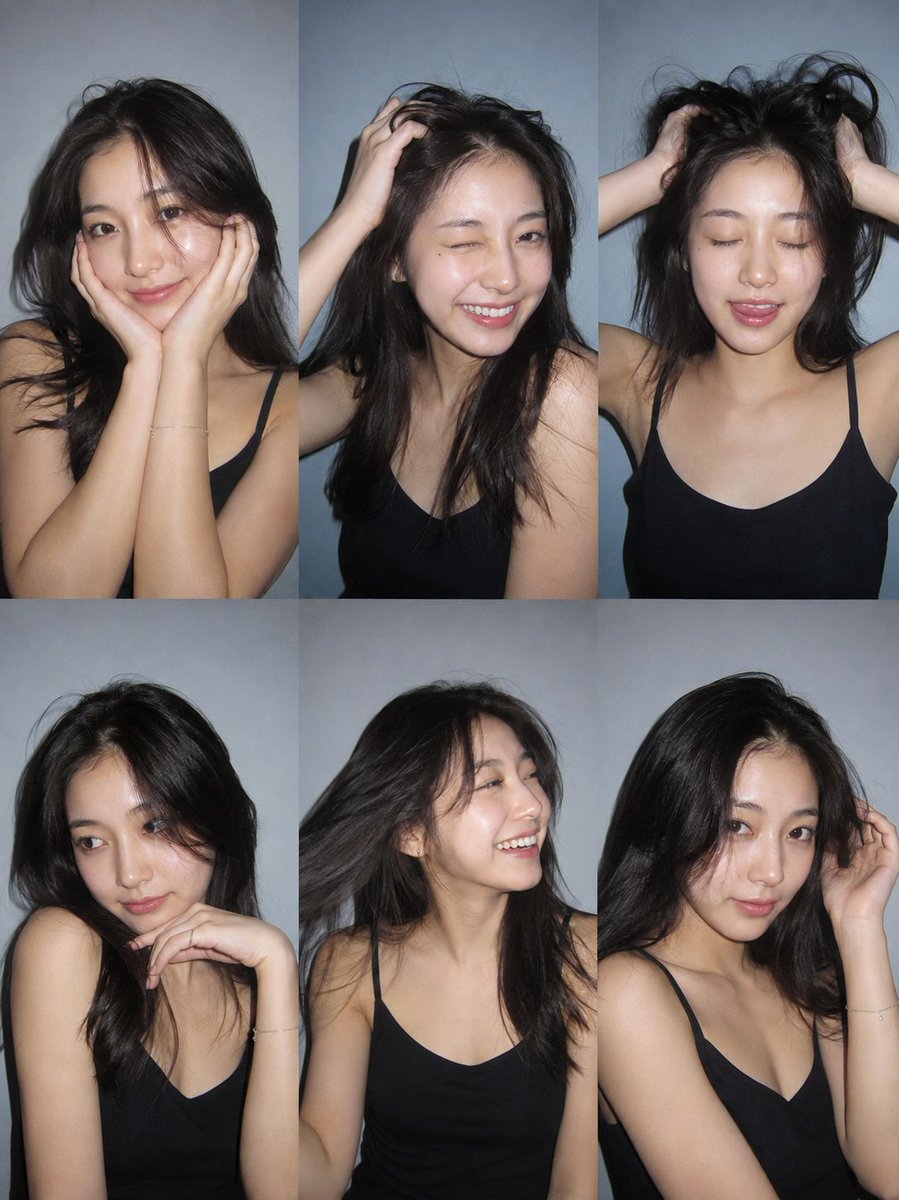 MissDelulu9's tweet photo. GPT Image 2 on ChatGPT 

Prompt:

Ultra-realistic 6-photo collage (3×2 grid) of the same person using client photo for identity only (exact face, facial features, eye color, natural hair color/length/volume/texture). Plain light grey-blue wall background, black thin-strap camisole, minimal jewelry, Canon PowerShot G7X Mark III strong direct flash, hard shadows, sharp focus, natural skin texture, slight film grain.

Instagram photo dump aesthetic. Six unique expressions/poses: 
(1) soft smile, hands on cheeks, 
(2) wink, big smile, hand in hair, 
(3) eyes closed, tongue slightly out, both hands lifting hair, 
(4) confident side glance, hand under chin, (5) laughing, looking away, hair flipped, (6) dreamy look, hand touching hair. Different hair positions in every frame. No AI look, no distorted hands, no extra fingers. --ar 3:4