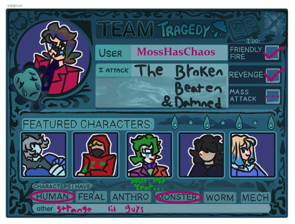 MossHasChaos's tweet photo. ACT II 
Team tragedy time
New artfight card!!! https://t.co/1res2iZvu9