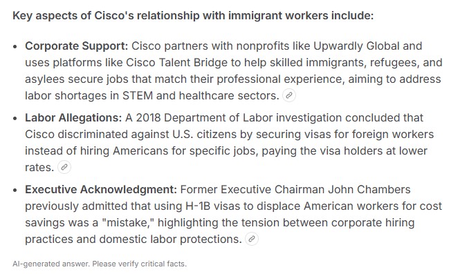 Jeanne2999432's tweet photo. 👇👀🧵
@Cisco Systems, Inc. has hired ~15,000 foreigners THIS YEAR, thus DISPLACING CITIZENS NATIONALLY.

146 NC CITIZENS were DISPLACED, while HOMES are used in ~5% of NC positions, further impacting NC.

This is NOT sustainable &amp; must cease @DOLOIG @WHFraudTF  @LukeFarleyNC. https://t.co/pszeOqnXPq