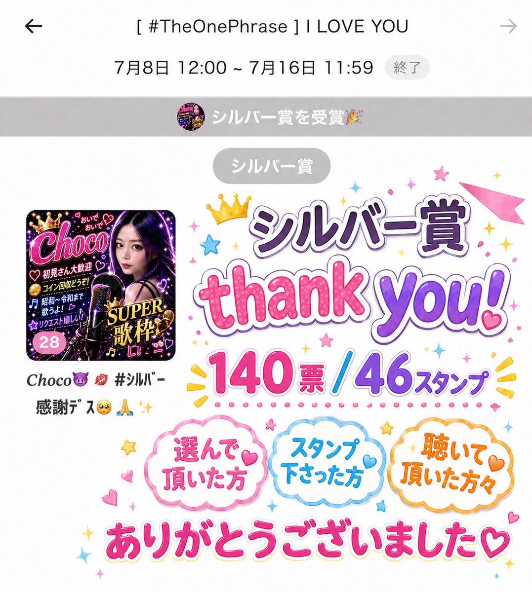 Sing_choco777's tweet photo. 今回は、
シルバーの真ん中あたりで
受賞させていただきました🥈✨🎶
見つけて下さったリスナーさんも感謝です🤩🫶⭐
結果発表後に聴いてくれてスタンプくれた方もありがとぉぉぉお😆🙌❤‍🔥

皆さんありがとうございます🥹🙌

#ColorSing  #TheOnePhrase https://t.co/ckXFhnSsCS