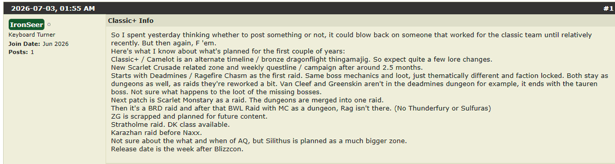 ChromieDe's tweet photo. Neuer angeblicher Classic+-Leak

Angeblich eine alternative Classic-Zeitlinie werden mit Todesminen &amp; Ragefire als erstem Raid,  Kloster als Raid, BRD-Raid, Stratholme-Raid, DK-Klasse und Release nach der BlizzCon.

Aber: extrem dünne Quelle. https://t.co/D1638E0Zxw