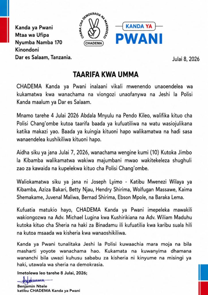chademapwani's tweet photo. Taarifa Kuhusu Kukamatwa kwa Wanachama na Viongozi Kanda ya Pwani. https://t.co/GdFAzan1Lz