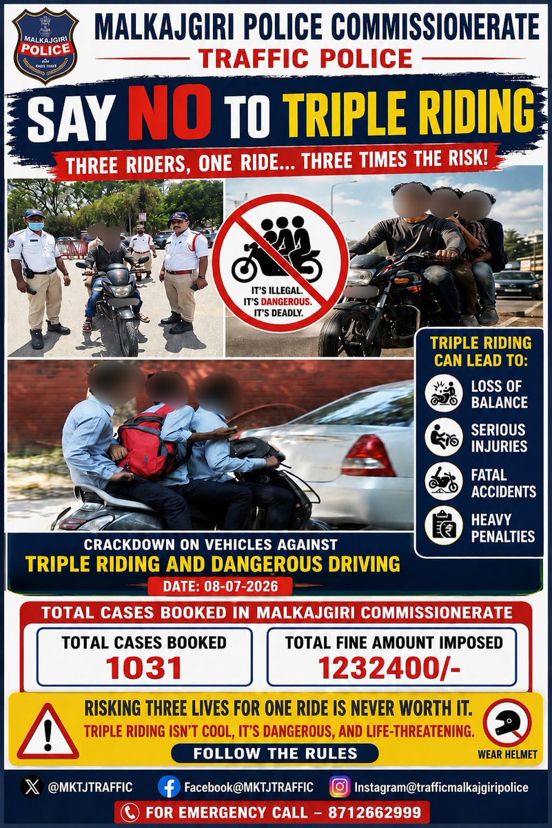 MKJTRAFFIC's tweet photo. 📷 DON'T TURN ONE RIDE INTO THREE FAMILIES' TRAGEDY 📷
#MalkajgiriPolice #TelanganaPolice #RoadSafety #RoadSafetyAwareness #NoTripleRiding #TripleRiding #SafeRiding #WearHelmet #FollowTrafficRules #DangerousDriving #DriveResponsibly #VisionZero #RoadDiscipline #TrafficAwareness https://t.co/C3vXt3Th4D