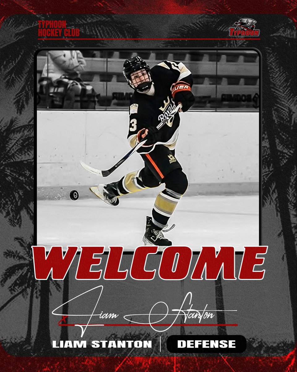 TyphoonHC's tweet photo. 🚨WELCOME🚨
We are thrilled to announce that Liam Stanton will be joining the Typhoon Hockey Club for the ‘26-‘27 season! ‘08 Defenseman from Chicago, IL. Welcome to Palm Beach! 🌴
#TyphoonWarning #USPHL https://t.co/ZUcWJqmxk1