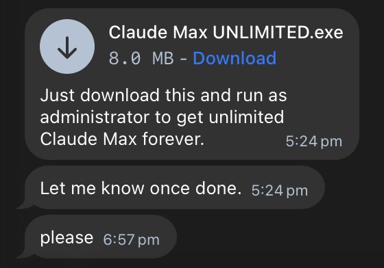 immasiddx's tweet photo. “Just run as administrator to get unlimited Claude Max forever” 😭 https://t.co/a23iapHaBO