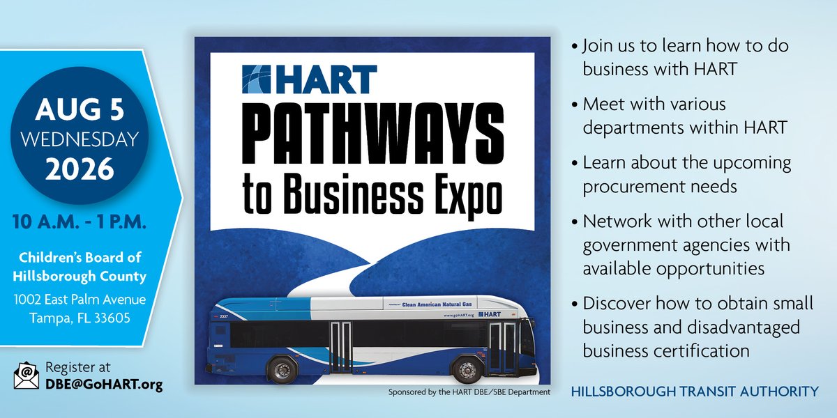 GoHART's tweet photo. Local businesses: Grow your opportunities with HART!

Join us for the HART Pathways to Business Expo on Wednesday, August 5, 2026, at @MyCBHC.

Businesses will have the opportunity to learn about upcoming procurement opportunities, small and disadvantaged business certification, how to work with HART, and network with local agencies.

📍 Children’s Board of Hillsborough Co.
1002 E. Palm Ave., Tampa, FL 33605

Register at DBE@goHART.org or via the event link: https://t.co/EQHREZvkYq