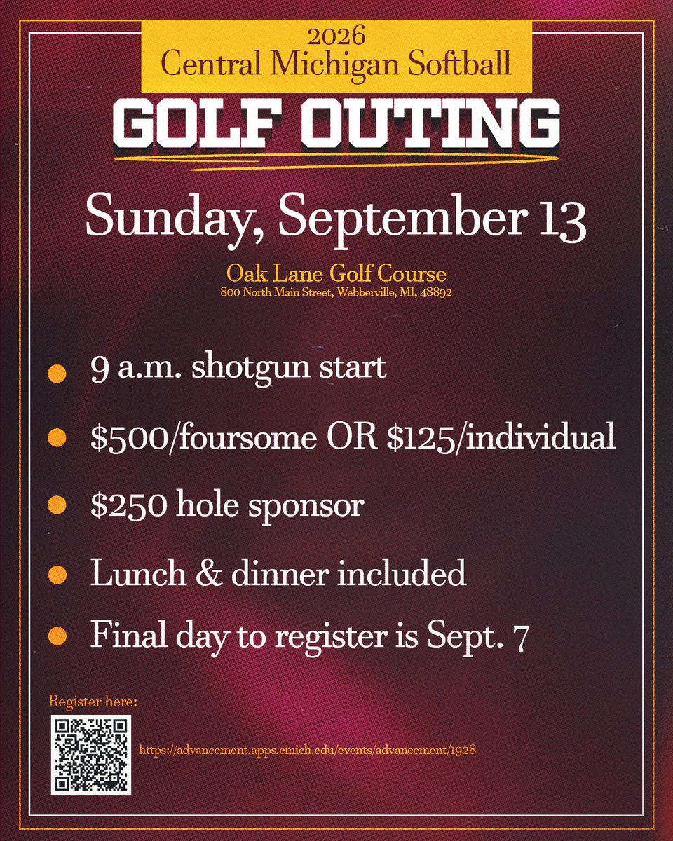 CMUSoftball's tweet photo. Trade in the bat for some clubs and spend the day with us at our annual golf outing!

Registration is open: https://t.co/yMytNJTFY7 https://t.co/kdspnXxhGB
