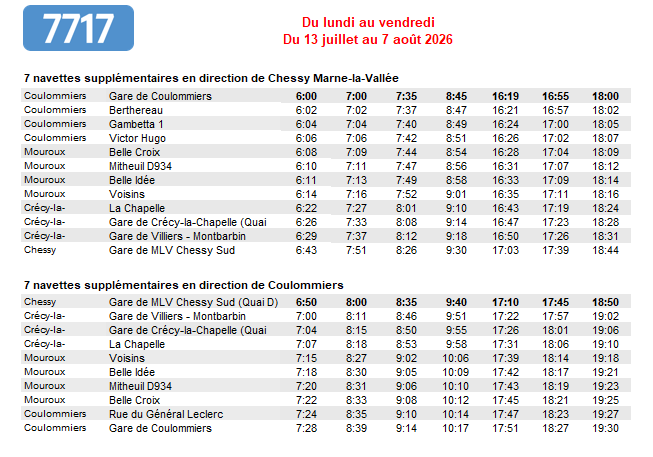 Brie2Morin_IDFM's tweet photo. 📢⚠️#InfoTrafic
🚍Ligne #L7717
📅Du lundi au vendredi du 13 juillet au 7 août 2026
🚉Circulation des trains de la ligne P interrompue entre Tournan et Coulommiers
✅7 navettes supplémentaires par sens
👉Coulommiers → Chessy Marne la Vallée
👉Chessy Marne la Vallée → Coulommiers https://t.co/vmA3QTGVul