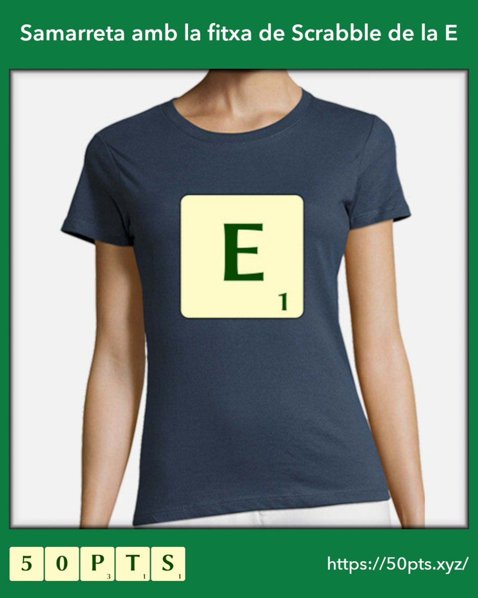 50pts_cat's tweet photo. Samarreta amb la fitxa de Scrabble de la E

¿És el que buscaves? Entra al nostre web i troba totes les nostres samarretes inspirades en l'#ScrabbleEnCatalà. Amb totes les peces de l'#ScrabbleCAT per a dona i en 12 colors. Disponibles també per a homes. https://t.co/69aBTU1dhs