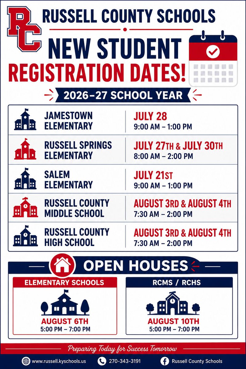 RussellCoBOE's tweet photo. New Student Registration dates AND Open House dates are here!  See you then! https://t.co/gGVd5Y6pXv