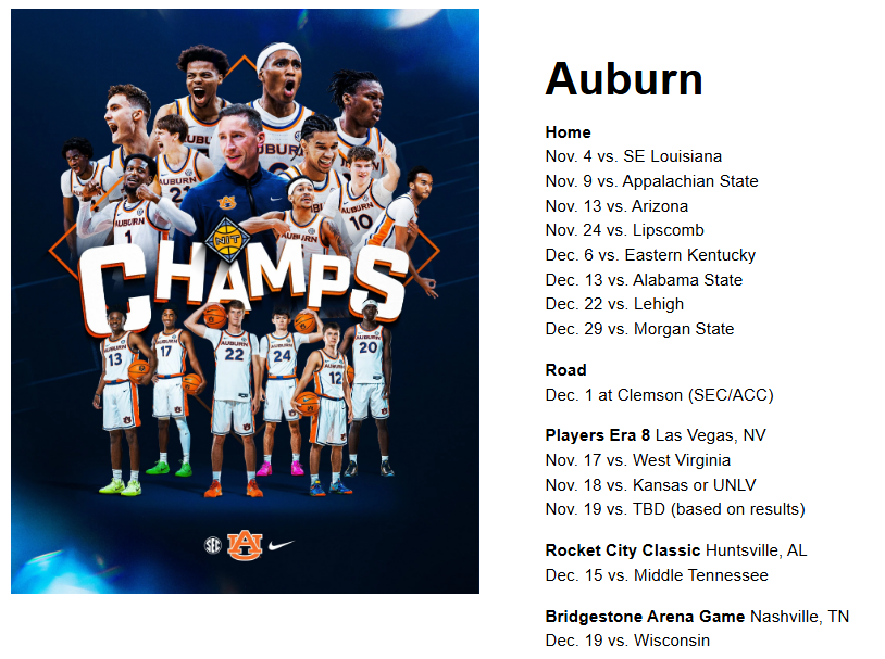 RoccoMiller8's tweet photo. Sources: Auburn's home date with Arizona has been set for Friday, November 13th.   

The Tigers now appear to have a complete 2026-27 schedule. Season Two of the Steven Pearl era.  

OVERVIEW:  

#SEC https://t.co/iXGWHcgjdl