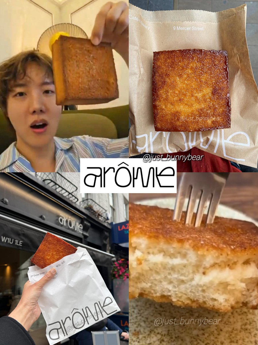 just_bunnybear's tweet photo. Hobi said he ate Honey Butter Toast (he showed in WV live) from Arôme Bakery in London with Taekook at the concert hall🍯🧈🍞

It's a thick-cut shokupan (🇯🇵 milk bread) with honey butter inside &amp; spread over it toasted until caramelized &amp; crisp🤤Very popular among londoners🇬🇧 https://t.co/sccz1RfbzB