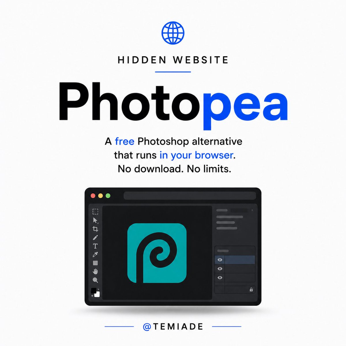 TemiloluwaAdey's tweet photo. Hidden Websites #001
1. Temp Mail — Temporary email addresses to avoid spam.
2. Photopea — A free Photoshop alternative that runs in your browser.
Bookmark these.
Follow for more
#HiddenWebsites #Photopea #TempMail #Tech #WebTools https://t.co/JqNLPF90qc