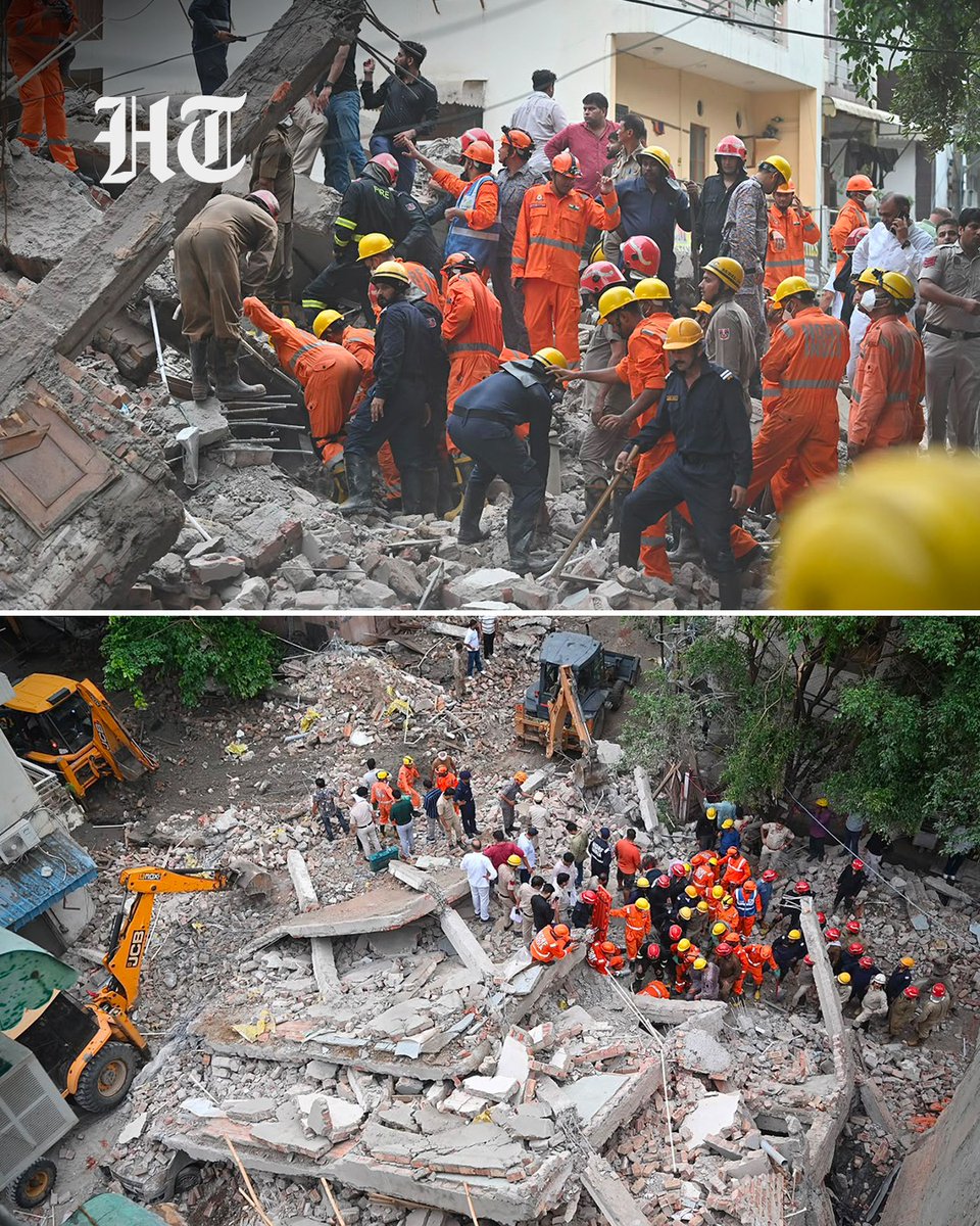 htTweets's tweet photo. #InPhotos | One person was killed after a building collapsed in Delhi's Rohini area amid heavy rainfall. NDRF personnel rescued a survivor from beneath the debris as rescue teams continued operations to evacuate those trapped under the rubble. 

(Photo by @sanchit2294 / Hindustan Times)

#Delhi #Rohini #BuildingCollapse #NDRF #RescueOperation #HeavyRain #DelhiRains