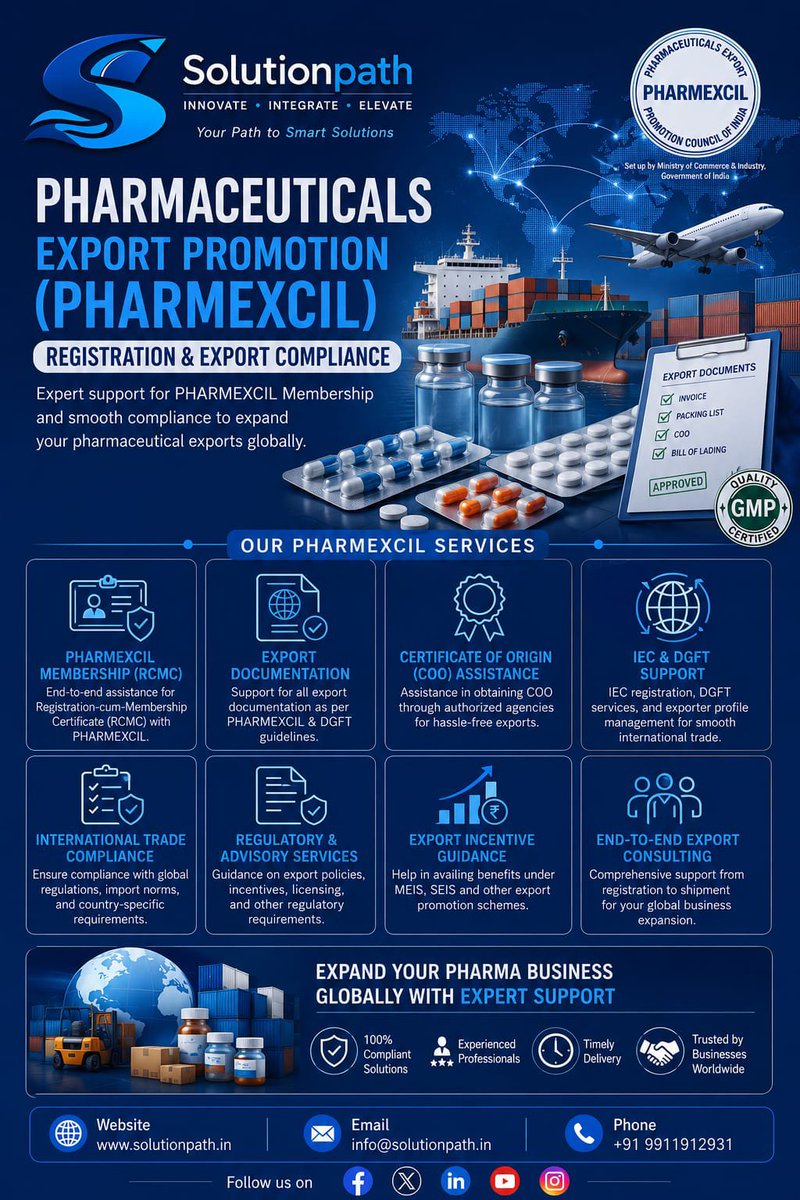 caskpgzb's tweet photo. Expand your pharmaceutical business globally with seamless PHARMEXCIL Registration &amp; Export Compliance. From RCMC, IEC &amp; DGFT support to export documentation, COO assistance &amp; regulatory compliance 🌍💊
#PHARMEXCIL #PharmaExport #ExportCompliance #DGFT #Solutionpath https://t.co/LnW940sSPc