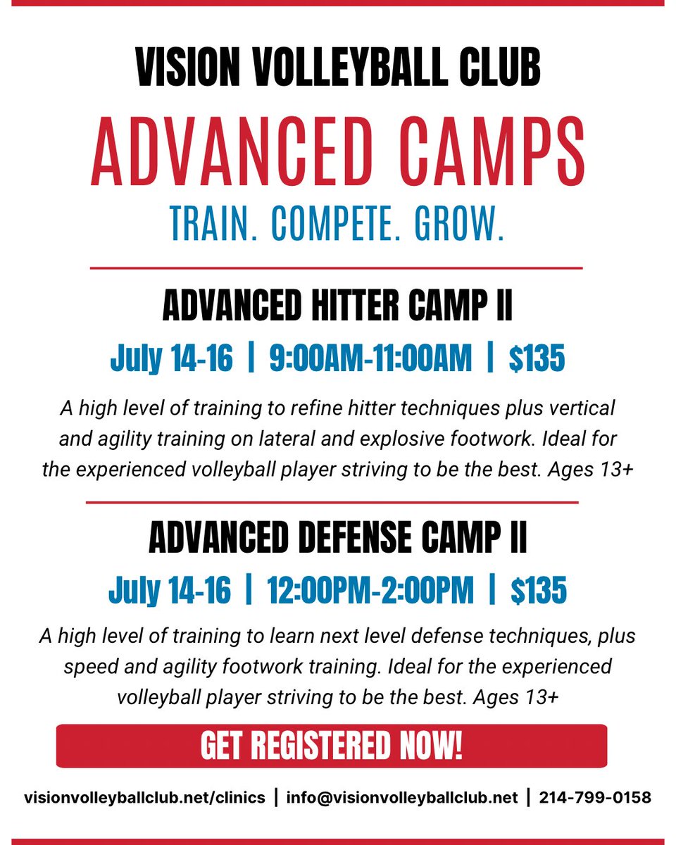 VisionVBClub1's tweet photo. Two Camps. Two Opportunities to Improve.

➡️ Advanced Hitter Camp II

📅 July 14–16
⏰ 9:00 AM–11:00AM

➡️ Advanced Defense Camp II

📅 July 14–16
⏰ 12:00 PM–2:00 PM

Train with purpose this summer - sign up before spots are gone! 

👉https://t.co/d62Oc0RHkL https://t.co/G5m53XjI5G