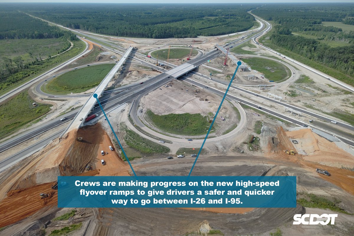 SCDOTPress's tweet photo. Crews are working to build the two new high-speed flyover ramps that will give drivers a safer, more efficient means of moving between I-26 and I-95. ⚠️ https://t.co/3N2pRNOFK7