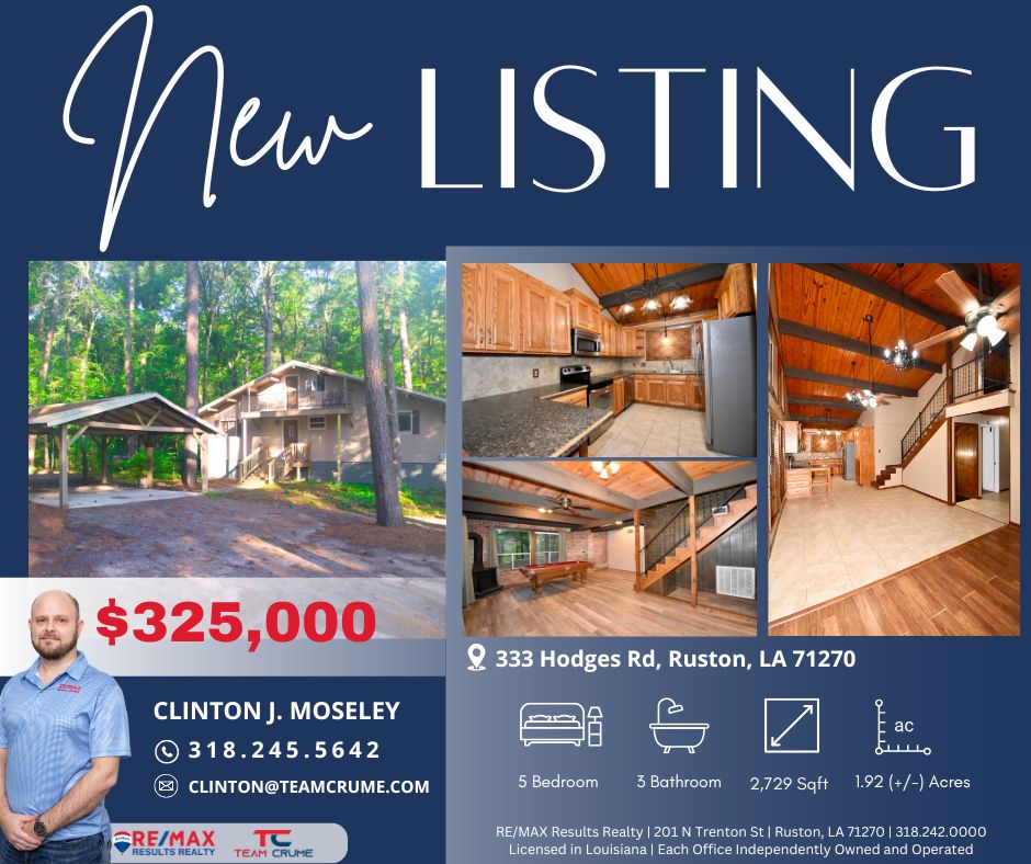 TEAMCRUME's tweet photo. 📍333 Hodges Rd, Ruston, LA 71270 - This 5 Bedroom, 3 Bathroom, 2,729 sqft home situated on 1.92(+/-) Acre lot is ready for you! Check it out this Sunday from 1pm-3pm during our Open House! Clinton J. Moseley.📱318.245.5642
#teamcrume #rustonla 
https://t.co/fySNgS8sNf https://t.co/QyMS6NcHdW