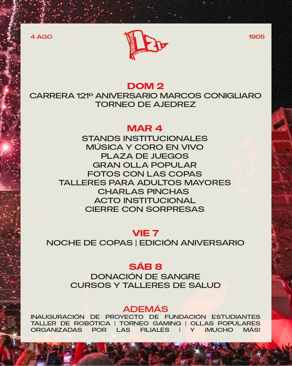 edelpclub's tweet photo. 🗓️ ¡Se vienen los festejos del 121° Aniversario! 🇦🇹

Con cuatro días de actividades durante toda la semana, así será nuestra agenda de actividades institucionales, deportivas, culturales y sociales, para celebrar en familia y a lo grande. El acto central será el 4 de agosto, y el cronograma incluirá la carrera "Marcos Conigliario", una nueva edición de la Noche de Copas, la tradicional Colecta de Sangre y mucho más. ¡Un festejo a lo Estudiantes! 🎉
