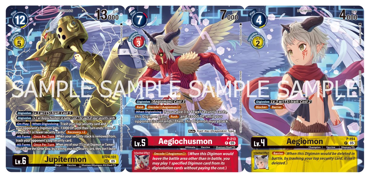 digimon_tcg_EN's tweet photo. [REVEALS]

Hello Digimon Tamers!
Today's alt-art cards are [BT24-101 Jupitermon], [P-213 Aegiochusmon], and [P-194 Aegiomon]!

DIGIMON STORY TIME STRANGER SET [PB-25]
https://t.co/MbsXMFF9h6

A special set themed around the game Digimon Story #TimeStranger is here! Relive the story if Inori MIsono and Aegiomon in the #DigimonCardGame!
Now available @_PREMIUMBANDAI_ 
https://t.co/EXtKiAWD8U

PRE-ORDERS CLOSE
July 31 2026

RELEASE DATE
February, 2027