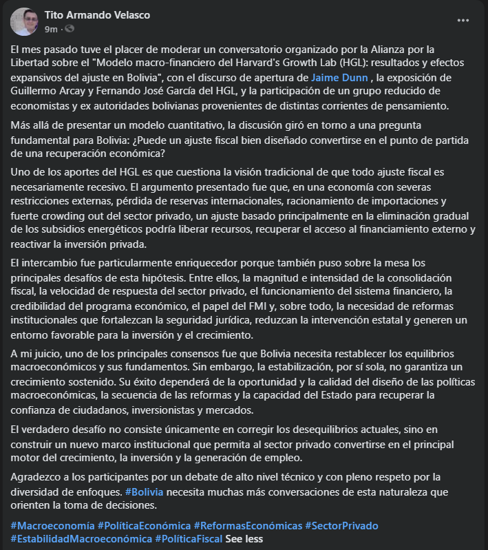 _tavany_'s tweet photo. Comparto algunos comentarios s/conversatorio organizado x Alianza x la Libertad s/el "Modelo macro-financiero del Harvard's Growth Lab: resultados y efectos expansivos del ajuste en #Bolivia", c/discurso de apertura de @JaimeDunn_ 

https://t.co/DgzVL6Twm8
https://t.co/nNFzEr7UPg https://t.co/2CycKsLTCI