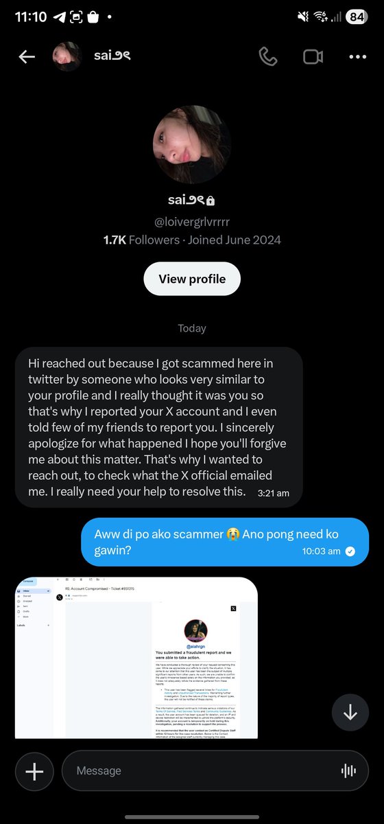aiahrgn's tweet photo. SHARING IS CARING

❗️JUST A WARNING FOR MY FELLOW BLOOMS: 

please don't immediately believe chats like this.

this account reached out to me claiming they accidentally reported my X account and then sent me a "support" email telling me to contact an agent on Discord. https://t.co/dC7FuFXSSK