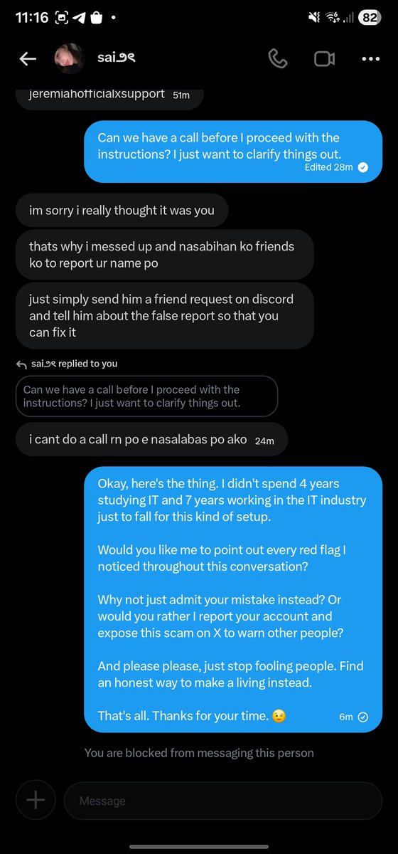 aiahrgn's tweet photo. SHARING IS CARING

❗️JUST A WARNING FOR MY FELLOW BLOOMS: 

please don't immediately believe chats like this.

this account reached out to me claiming they accidentally reported my X account and then sent me a "support" email telling me to contact an agent on Discord. https://t.co/dC7FuFXSSK