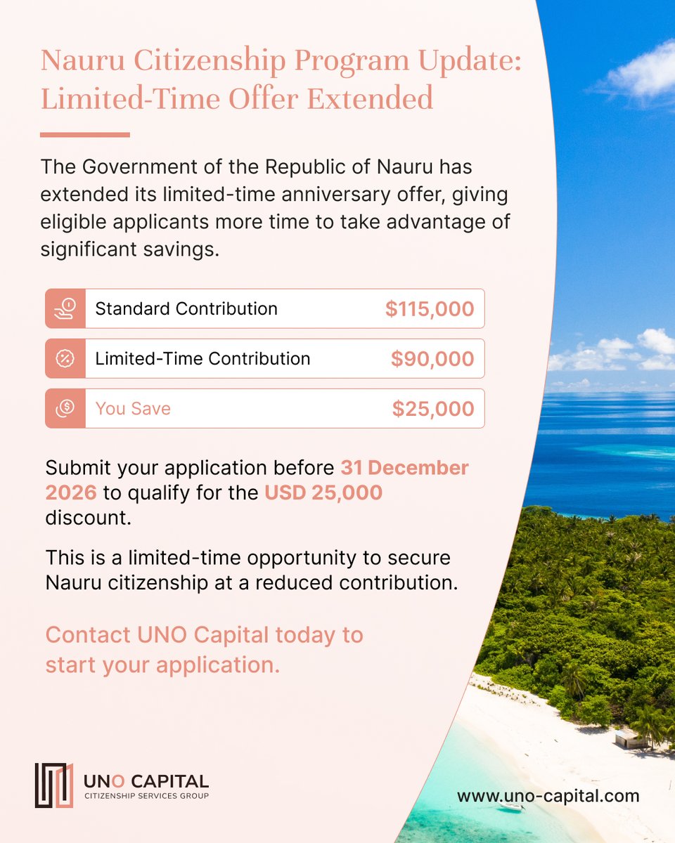 UNO_Capital's tweet photo. The Nauru Citizenship Program has extended its limited-time offer, giving eligible applicants the opportunity to save USD 25,000. Reach out at +971 50 895 6330 or info@uno-capital.com to learn more.  

#NauruCitizenship #CitizenshipByInvestment #SecondCitizenship #unocapital https://t.co/Y5OIQrI2AK