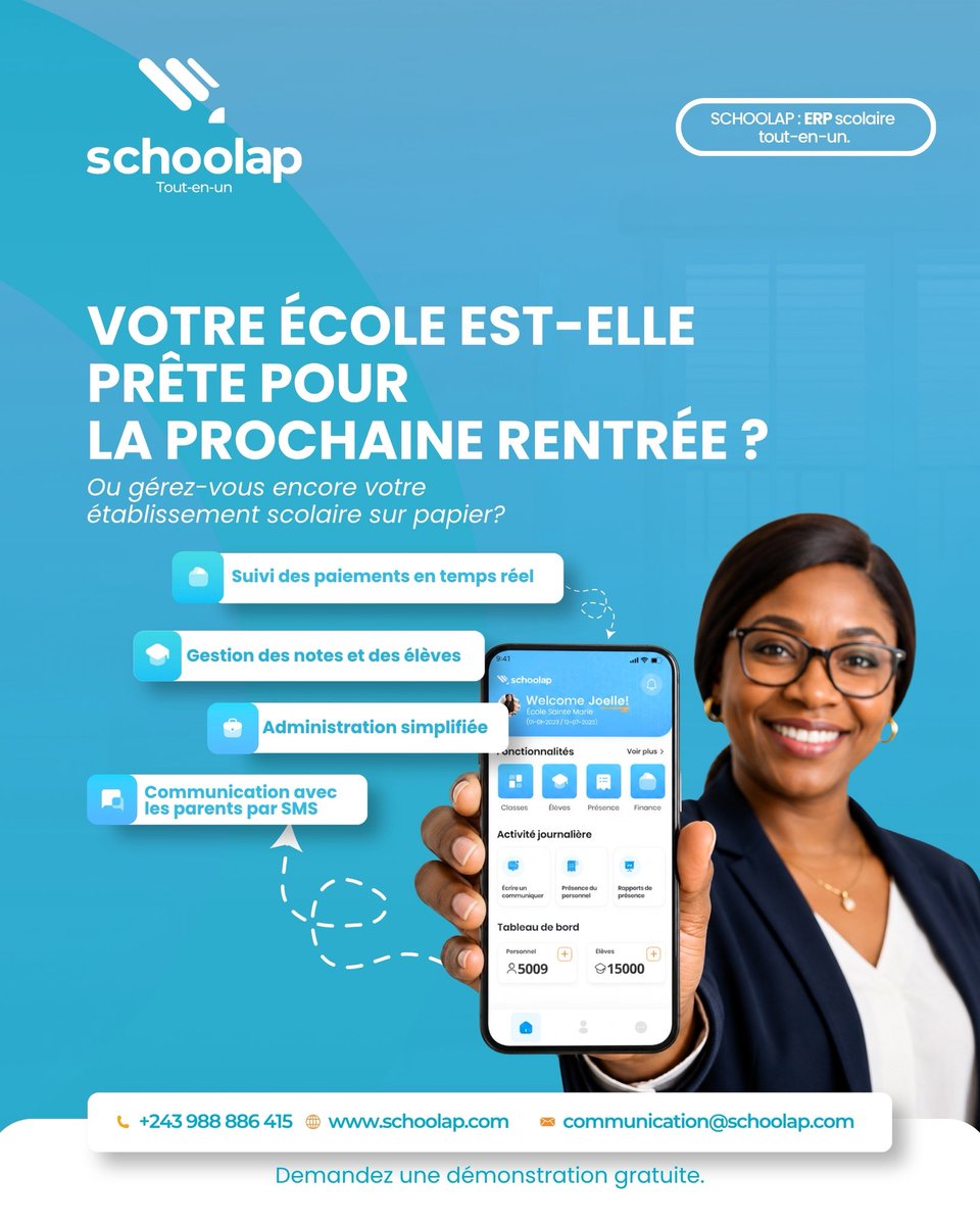 SCHOOLAP_'s tweet photo. Depuis 2018, @SCHOOLAP_ accompagne les établissements scolaires dans leur transformation numérique.

Notre plateforme tout-en-un simplifie la gestion administrative, pédagogique et financière pour permettre aux équipes de se concentrer sur l’essentiel : l’éducation.

Que vous soyez promoteur d’école, gestionnaire scolaire ou acteur du secteur éducatif, notre équipe reste disponible pour échanger avec vous et vous proposer une solution adaptée à vos besoins.

📞 +243 988 886 415 | +225 05 74 47 38 38
🌐 https://t.co/Kj4R2pthZi
📧 communication@schoolap.com

#Schoolap #Education #ERP #EdTech