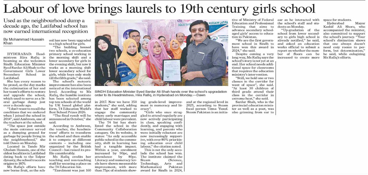 STEAMPakistan's tweet photo. GGLSS Tando Mir Ghulam Hussain Latifabad No 9, is now officially a High School! 🏫
Congratulations on the upgradation!

The Minister for Education, Sindh, Syed Sardar Ali Shah, visited the school along with Mayor Hyderabad to see firsthand the progress and achievements that led the institution to the T4 Best Schools Prize. STEAM Policy Unit, Sindh was pleased to be part of the celebration. We were specially encouraged to hear the Honourable Minister advocate performance-based upgradation for schools. The Minister also appreciated our recommendation proposing performance-based rewards for schools excelling in the STEAM School Journey.

@sardarshah1 @SindhGovtPk @BBhuttoZardari 
@MinisterEduGos @rustamanisajjad @AbbdulsalamR  
@IrfanBalochh88 @haleemsomro @SELDGOS 
@dawn_com @dawnhussein 

#SindhEducation #STEAM #GGHS #SchoolTransformation #EducationReform #Hyderabad