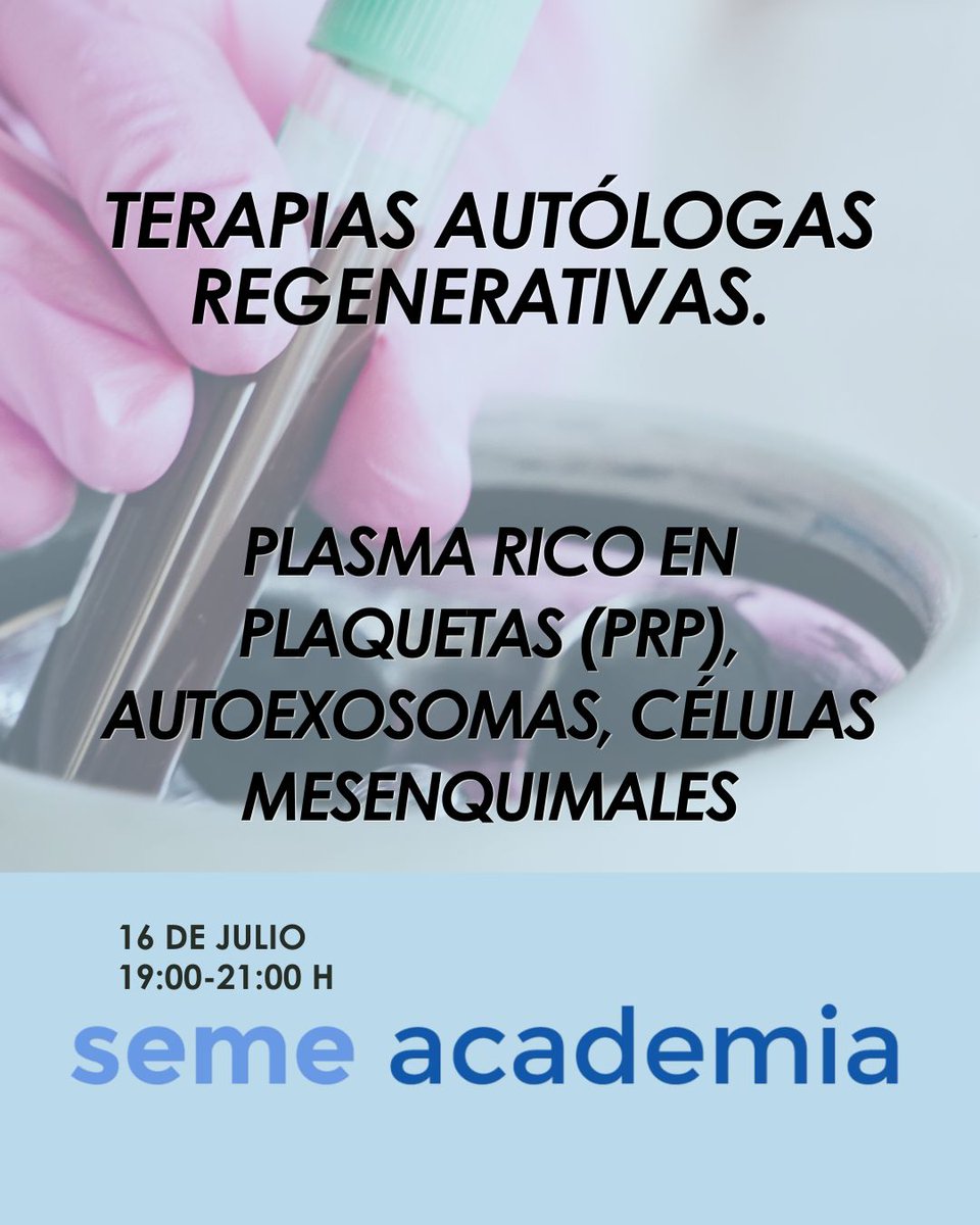 SEMEstetica's tweet photo. 🔊 El día 16 de julio os invitamos al webinar de la Academia virtual SEME "Terapias autólogas regenerativas. Plasma rico en plaquetas (PRP), Autoexosomas, Células mesenquimiales"

🗣️ El curso será impartido por Violeta Rodríguez Rodríguez en horario de 19:00h a 21:00h. Moderado y dirigido por María Soledad Lagüéns, vocal de @SEMEstetica 

Hablaremos de:
✅Introducción a la medicina regenerativa autóloga

✅Plasma Rico en Plaquetas ( #PRP ) y #autoexosomas: fundamentos,
mecanismos de acción y aplicaciones clínicas

✅#Nanofat, células mesenquimales y comparativa entre terapias
regenerativas autólogas

ℹ️ Accede a más información y al formulario de inscripción aquí:
https://t.co/8j2nvF3lVf