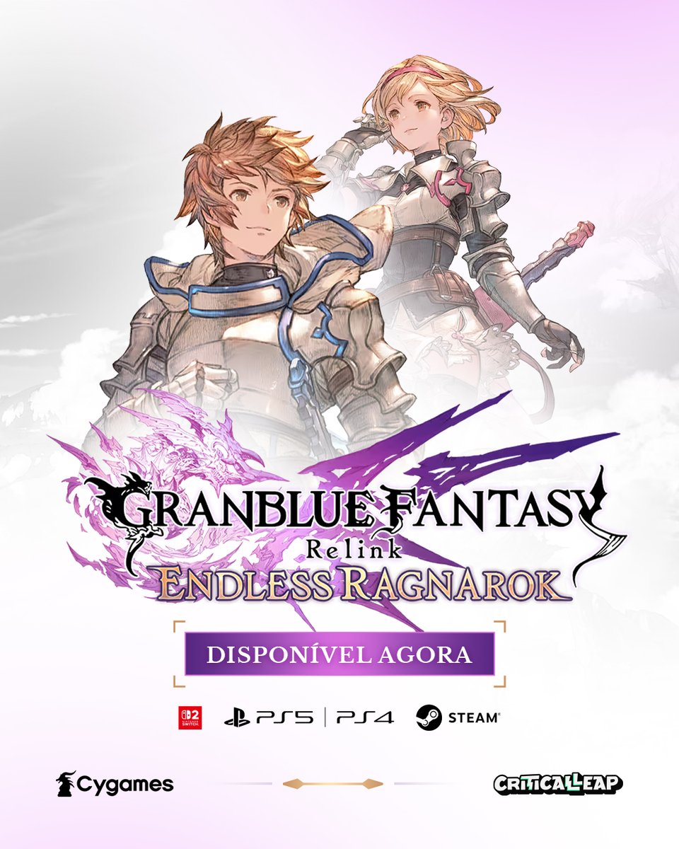 gbf_brasil's tweet photo. A espera acabou! ⚔️

Granblue Fantasy: Relink - Endless Ragnarok já está disponível no Steam.

Para quem vai jogar nos consoles: o lançamento acontece à meia-noite no PlayStation e às 4h (BRT) no Nintendo Switch 2. ☁️ https://t.co/4g98mnrU0z
