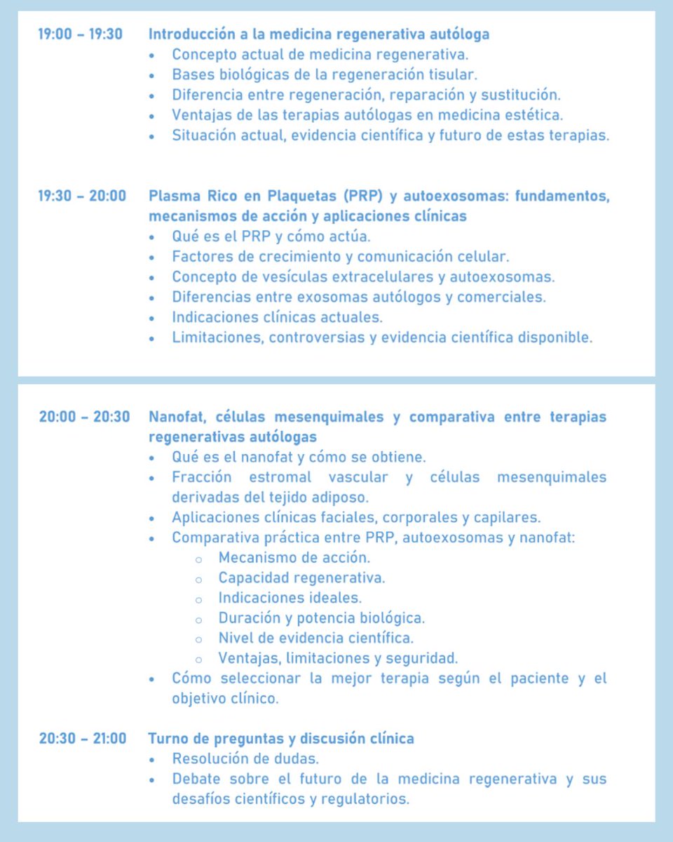 SEMEstetica's tweet photo. 🔊 El día 16 de julio os invitamos al webinar de la Academia virtual SEME "Terapias autólogas regenerativas. Plasma rico en plaquetas (PRP), Autoexosomas, Células mesenquimiales"

🗣️ El curso será impartido por Violeta Rodríguez Rodríguez en horario de 19:00h a 21:00h. Moderado y dirigido por María Soledad Lagüéns, vocal de @SEMEstetica 

Hablaremos de:
✅Introducción a la medicina regenerativa autóloga

✅Plasma Rico en Plaquetas ( #PRP ) y #autoexosomas: fundamentos,
mecanismos de acción y aplicaciones clínicas

✅#Nanofat, células mesenquimales y comparativa entre terapias
regenerativas autólogas

ℹ️ Accede a más información y al formulario de inscripción aquí:
https://t.co/8j2nvF3lVf