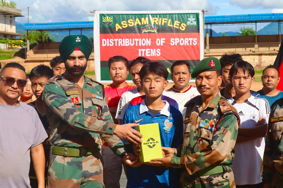 official_dgar's tweet photo. ASSAM RIFLES DISTRIBUTES SPORTS ITEMS TO THE YOUTH OF KIPHIRE, NAGALAND
#AssamRifles distributed footballs to the youth of Kiphire District, Nagaland on 08 July 2026. The initiative was undertaken following a request from local youth to support their preparations for the forthcoming Mongmong Sangtam Festival Football Championship, scheduled to be held in September 2026. The distribution of sports equipment aims to encourage young players to practise regularly, improve their sporting skills and foster the spirit of teamwork, discipline and healthy competition. Assam Rifles has consistently supported activities that strengthen its bond with local communities while motivating the youth to engage in constructive and positive pursuits.

#friendsofthenortheast #sentinelsofnortheast #OperationalReadiness #CommunityFirst #NationFirst #ServiceBeforeSelf #GuardiansOfTheNation

@HMOIndia @adgpi @PIBHomeAffairs