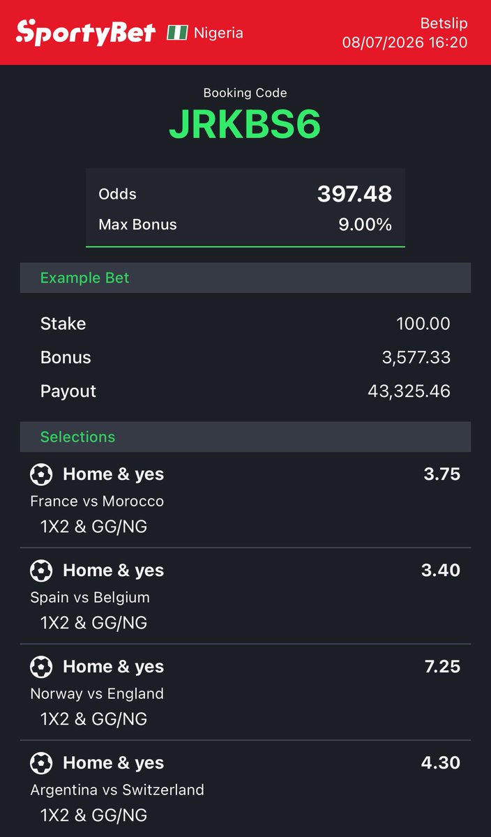 dfwpehlumiiii's tweet photo. CC: @Mrbankstips 
World Cup tips on https://t.co/RhuVmdO7Iy converted to sportybet⤵️

JRKBS6 K1SBB5 
Q33S9L RWACCT -sporty👩‍💻

Follow 4 convert of codes 2 ur preferred bookies! 

Retweet 4 larger audience😤🗣️ https://t.co/sYWubSnIvE