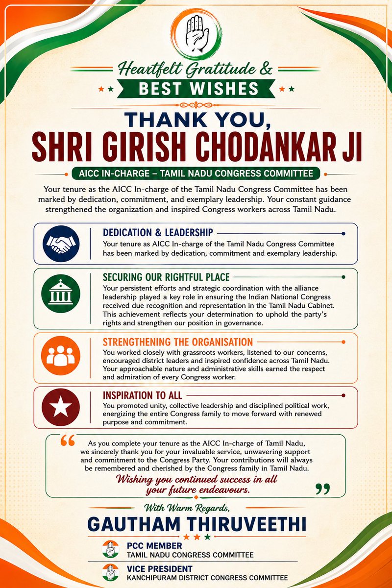 gauthamthiru's tweet photo. Heartfelt Gratitude &amp; Best Wishes

Thank You, Shri @girishgoaINC  Ji

@manickamtagore @INCTamilNadu https://t.co/A9oKj0ehTM