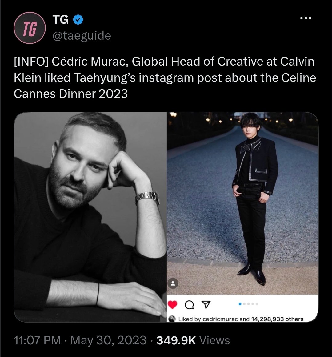 cypher0613killa's tweet photo. while still at ck in 2025, he liked taehyung's celine post from vogue. similarly in 2023, ck's global head of creative liked thv post abt the celine dinner at cannes.

taehyung naturally draws attention. https://t.co/nWDo3fqL91