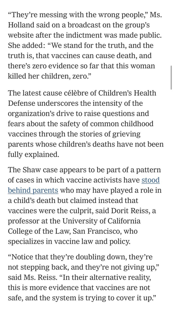 RichardHanania's tweet photo. RFK’s anti-vaxx group sued the American Academy of Paediatrics.

Their lead plaintiff was a mother who claimed she found her 18-month-old twins dead in their bed. She said it was vaccines.

Now she’s been charged with murder. Police say she suffocated them.

Think about how stupid anti-vaxxers are. They thought that vaccines killed two twins at the exact same time. What a remarkable coincidence!

The anti-vaxxers are not backing down, and still claim that vaccines killed the twins. They’re now saying that vaccines caused the suffocation!

This is part of a larger pattern, of anti-vaxxers blaming vaccines for cases that are actually child abuse.

These people are the worst, and should be driven from polite society. Instead, their most famous spokesman is head of HHS.