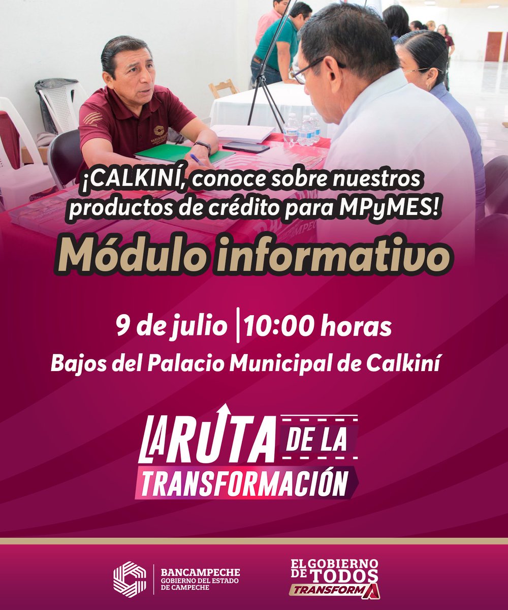 JMauryH's tweet photo. ¡Calkiní, nos vemos mañana en la #RutadelaTransformación! 🙌

📍 Te esperamos a partir de las 10:00 a.m. en los bajos del Palacio Municipal para brindarte información sobre nuestros créditos para micro, pequeñas y medianas empresas. https://t.co/mdRoEzSapx