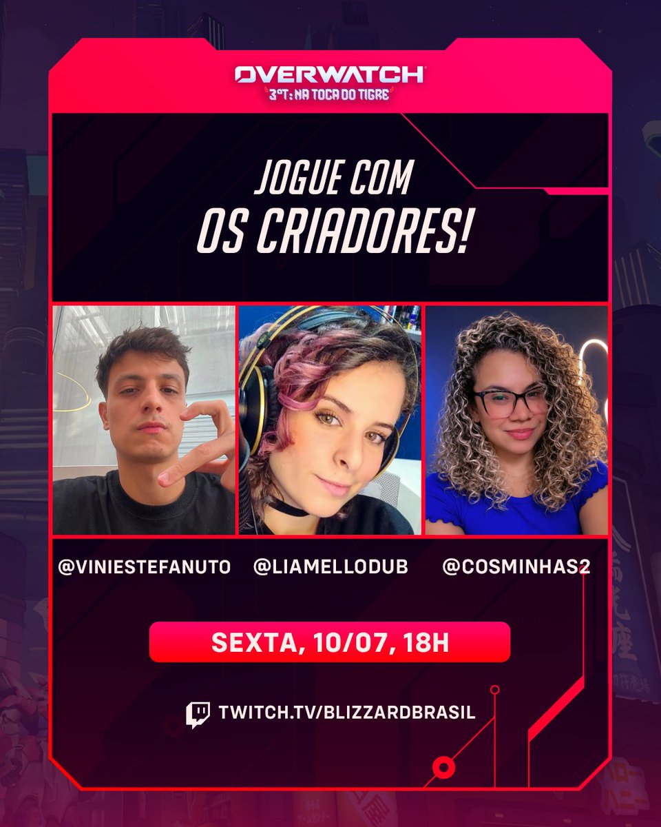 OverwatchBrasil's tweet photo. SextOW em dose tripla? É isso mesmo!

Nesta semana, nossa live trará @CosminhaS2 no comando, e como convidados especiais teremos @viniestefanuto, dublador do Lifeweaver, e @amialello, dubladora da Kiriko. 

Aproveita para treinar as suas jogadas e mostrar para a comunidade o seu talento.
Nos vemos nesta sexta, às 18h na https://t.co/Zg8OTNs57j 📅