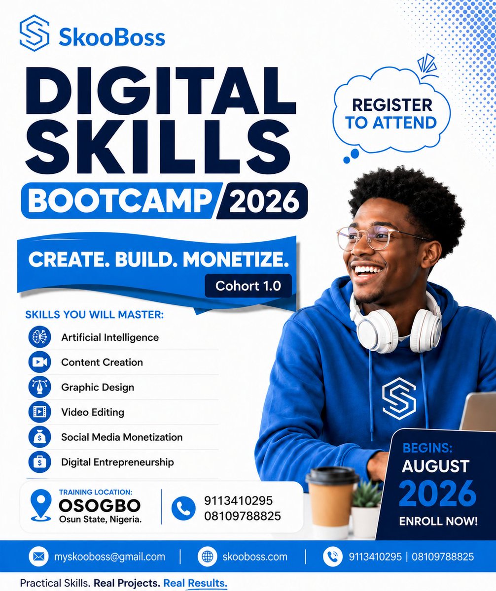 SkooBoss's tweet photo. 🚀 OSUN, ARE YOU READY?

The future belongs to creators, innovators, and problem-solvers.

Join the SkooBoss Digital Skills Summer Bootcamp 2026 and learn practical, high-income skills in:

Theme: Create. Build. Monetize.

https://t.co/mAaxIWcpIg https://t.co/ib3aQxCjIK