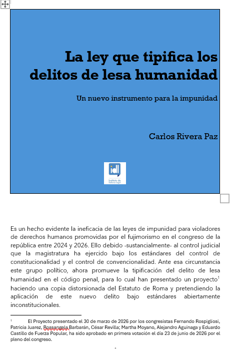 IDL_Rivera's tweet photo. La ley que acaba de aprobar el congreso que tipifica los crímenes de lesa humanidad en el código penal deforma el art. 7 del Estatuto de Roma y es inconstitucional porque dispone que se aplique a todos los casos, inclusive a los que ya tienen sentencia firme. https://t.co/7HCcGtk91K
