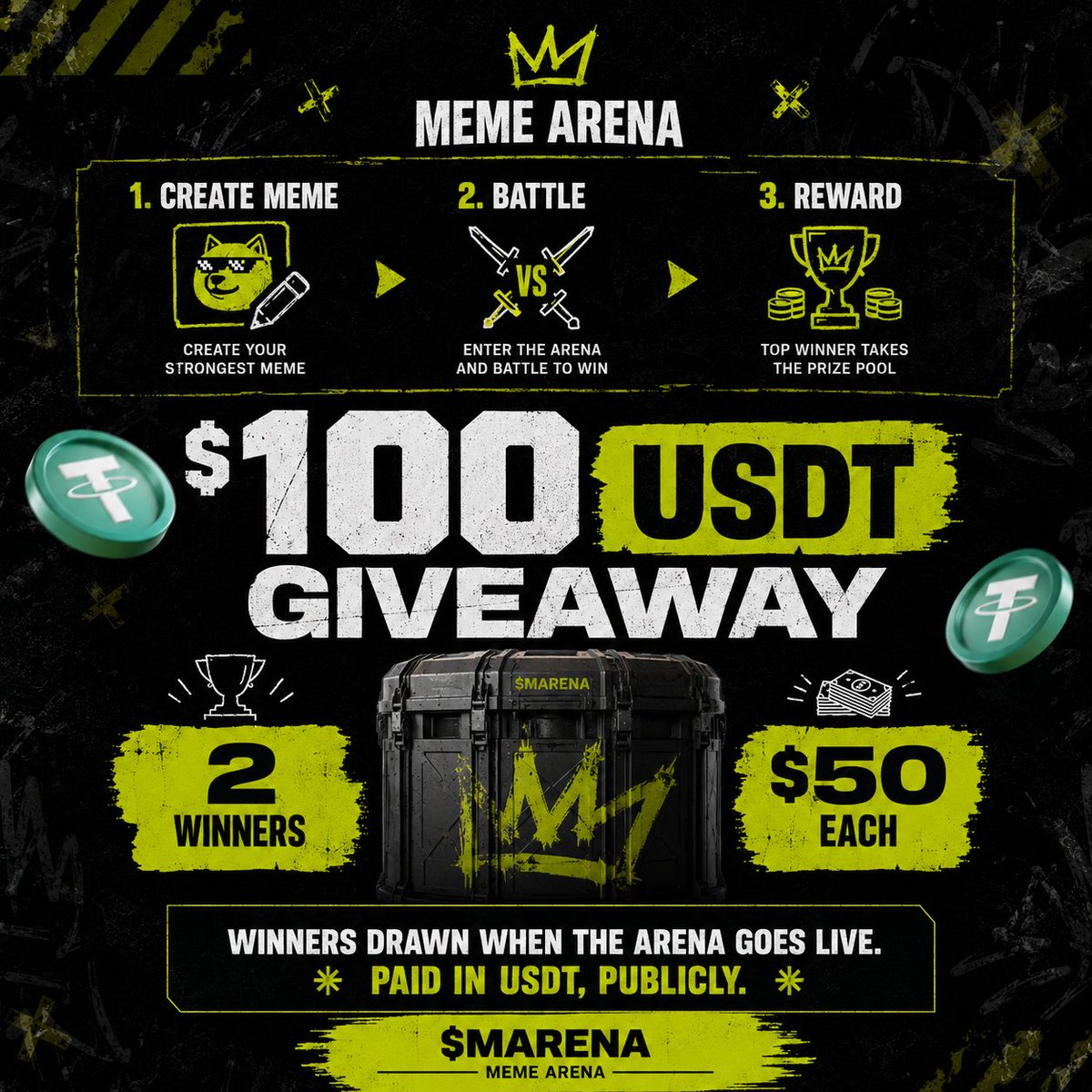 PlayMemeArena's tweet photo. 💰 $100 USDT GIVEAWAY #1 💰

Total prize pool: $100 USDT
2 winners × $50 each 💵

To enter:
✅ Follow @PlayMemeArena
✅ Like + Repost
✅ Join TG: https://t.co/c75a3Oe3kT

🏟️ Winners drawn when the arena goes live. Paid in USDT, publicly. ⚔️

More coming. Stick around. 👀
$MARENA · https://t.co/O2mLbQLjSs