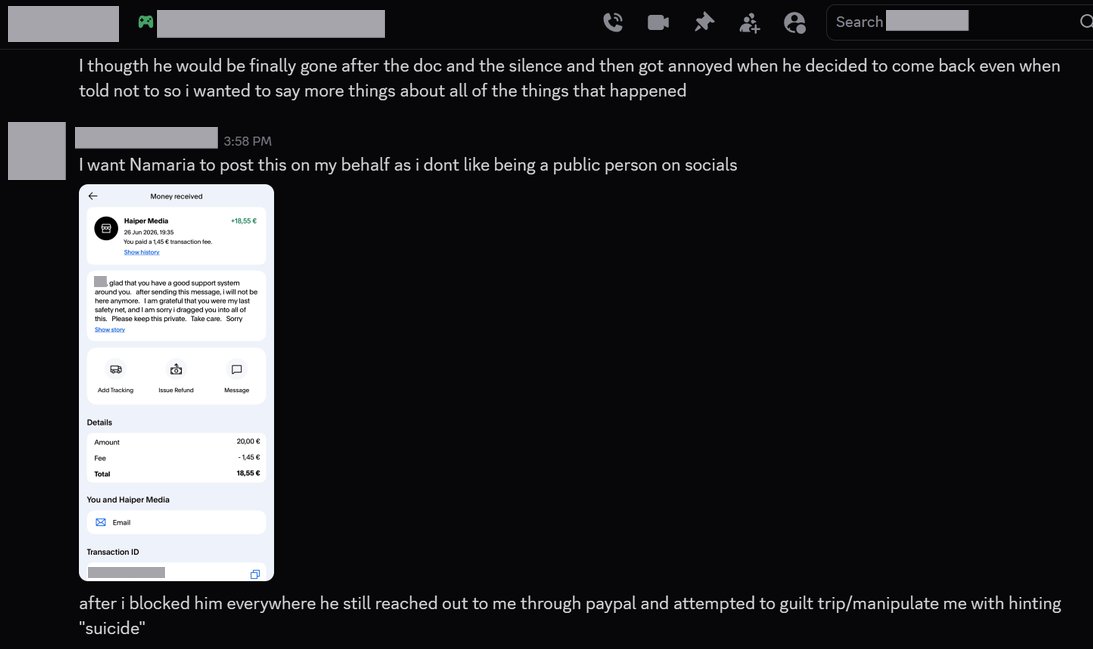 flyiskes's tweet photo. After Haiper's stream from yesterday, the girl messaged me and asked me to make a new post on her behalf with information that wasn't public before. 

Please read to what she has to say and don't support this guy and his lies. https://t.co/PFK1ekZ5j7
