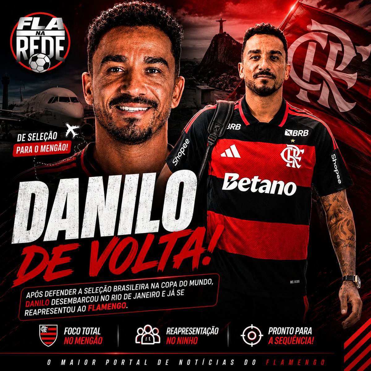 FlanaRedeof's tweet photo. 🇧🇷➡️🔴⚫ DE VOLTA AO MENGÃO!

Após defender a Seleção Brasileira na Copa do Mundo, Danilo desembarcou no Rio de Janeiro e já se reapresentou ao Flamengo.

#Flamengo #CRF #Danilo #NinhoDoUrubu #FlaNaRede https://t.co/QSPrurTkpn